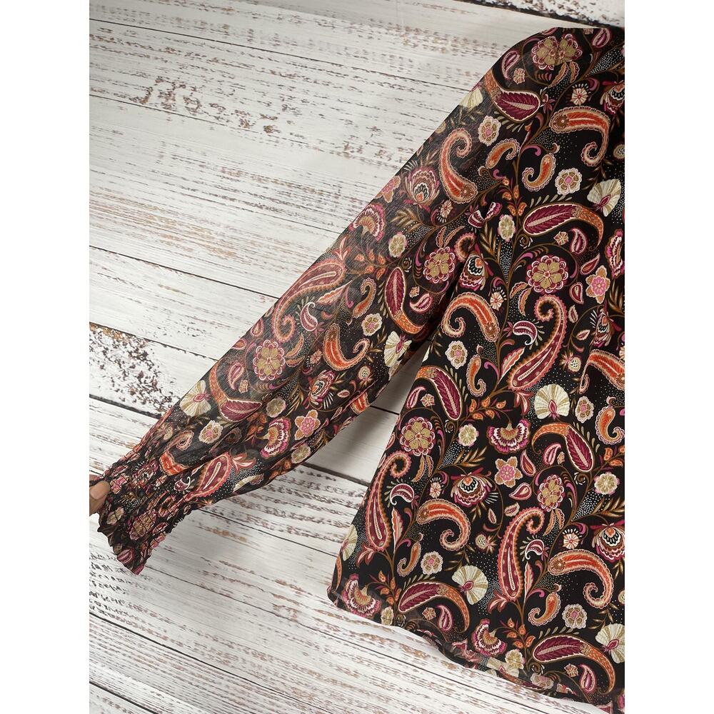 LOFT Blouse Women's Size MP Black Paisley Ruffle V Neck Long Sleeve Sheer Lined - Picture 5 of 11
